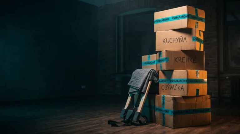 Stoh sťahovacích krabíc s popisom Kuchyňa, Krehké, Obývačka a rudlou
