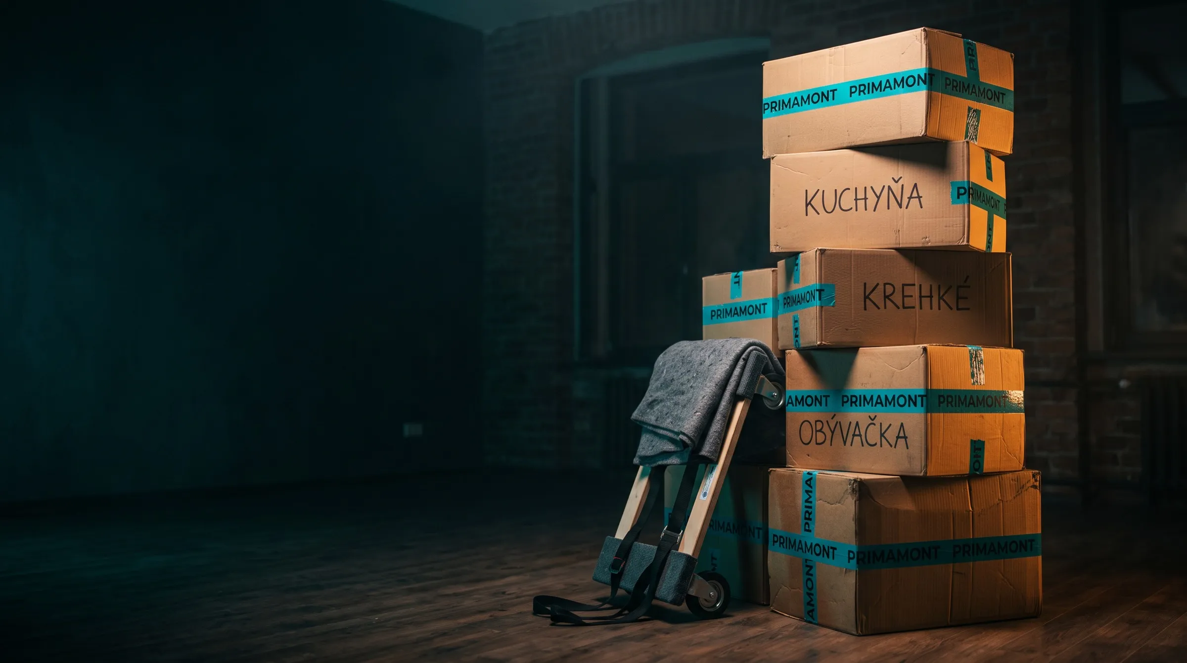 Stoh sťahovacích krabíc s popisom Kuchyňa, Krehké, Obývačka a rudlou